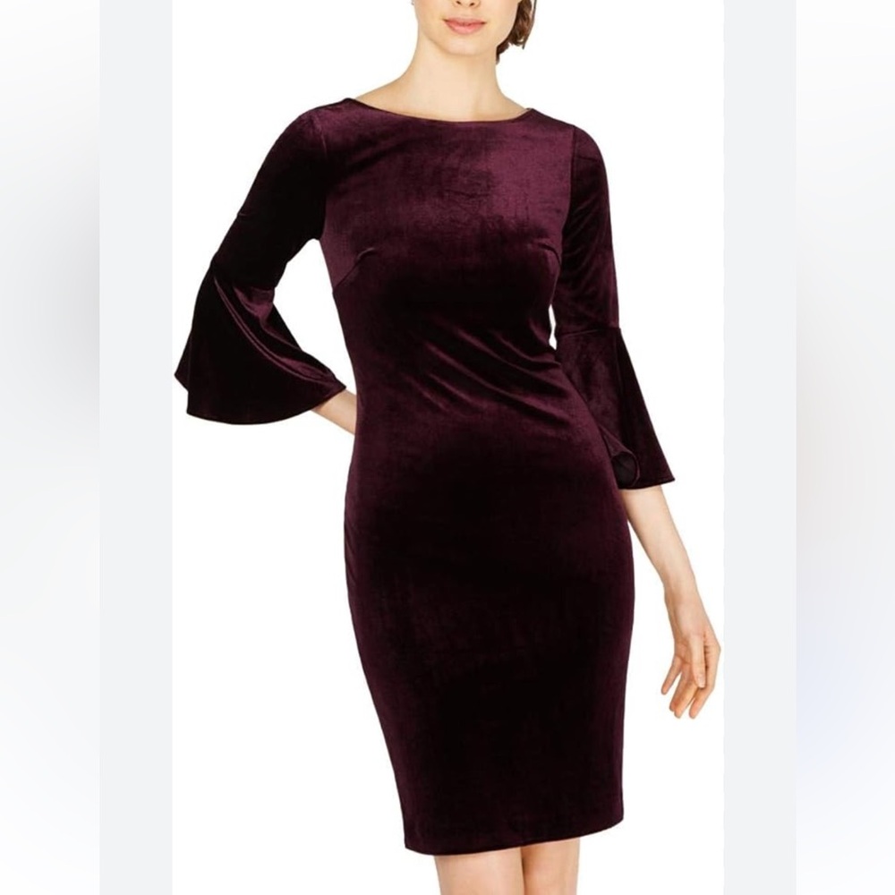 Calvin Klein Plum Velvet Dress with Bell Sleeves